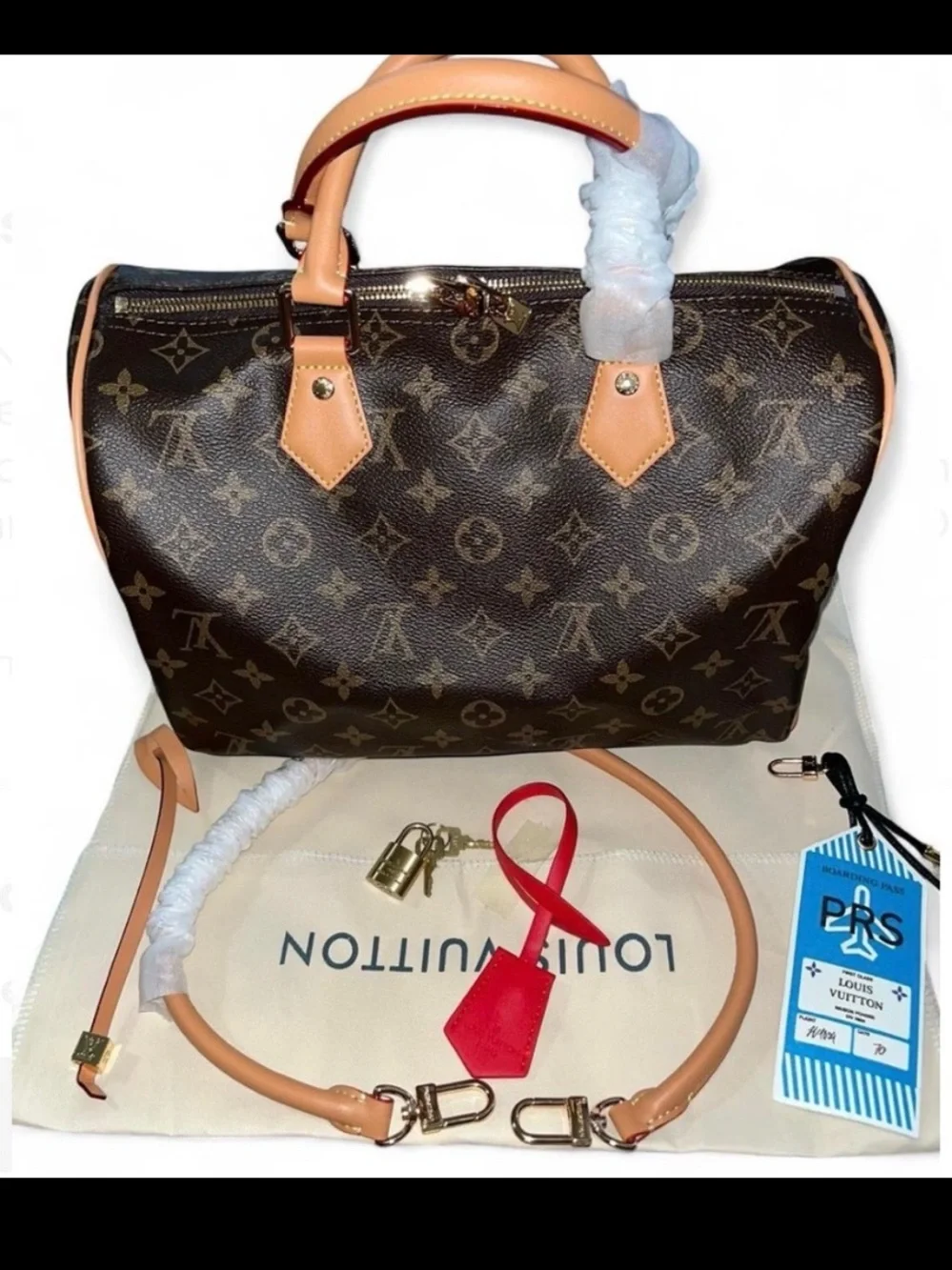 Source Unknown Brown Monogram Satchel with Tan Trim and Red Tag NO LOCK N KEY